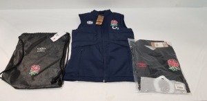 20 X BRAND NEW UMBRO MIXED RUGBY CLOTHING LOT CONTAINING 10 TOPS IN NAVY BLUE IN MIXED SIZES AND 10 SLEEVELESS JACKETS IN NAVY BLUE IN MIXED SIZES IN TWO TRAYS (TRAYS NOT INCLUDED)