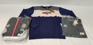 20 X BRAND NEW MIXED UMBRO RUGBY CLOTHING LOT CONTAINING ENGLAND FULL ZIP HOODY IN BLACK SIZE M , BLAZER IN NAVY BLUE SIZE M , CREW NECK SWEAT JUMPER IN NAVY/GREY ETC IN ONE TRAY (TRAY NOT INCLUDED )