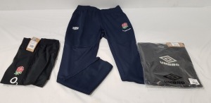 20 X BRAND NEW MIXED UMBRO RUGBY CLOTHING LOT CONTAINING ENGLAND CONTACT DRILL PANTS IN NAVY BLUE SIZE L , PREMIER TRAINING JERSEY IN CARBON /BLACK IN SIZE M , PRO TRAINING WOVEN JACKET SIZE 12 ETC IN ONE TRAY (TRAY NOT INCLUDED )