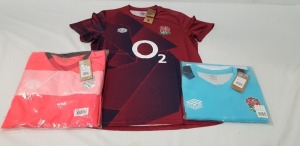 20 X BRAND NEW MIXED UMBRO RUGBY CLOTHING LOT CONTAINING ENGLAND PRESENTATION T SHIRT IN NAVY BLUE SIZE SMALL , ENGLAND DRILL TOP IN FIERY CORAL SIZE LARGE , ENGLAND TRAINING JERSEY IN BLUE SIZE 3XL , ENGLAND WARM UP JERSEY IN TIBETAN RED SIZE LARGE, ETC