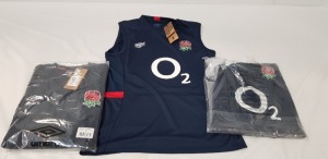 20 X BRAND NEW MIXED UMBRO RUGBY CLOTHING LOT CONTAINING ENGLAND DYNASTY SWEATSHIRT IN SIZE M , ENGLAND PRESENTATION PANTS SIZE LARGE , ENGLAND SLEEVELESS JERSEY IN SIZE M ALL IN NAVY BLUE ETC IN ONE TRAY (TRAY NOT INCLUDED )