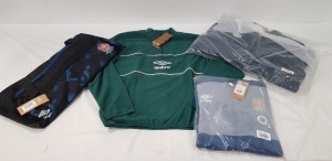 16 X BRAND NEW MIXED UMBRO RUGBY CLOTHING LOT CONTAINING ENGLAND JACKET IN BLACK SIZE LARGE , ENGLAND ON FLEECE HOODIE IN EARTH RED SIZE M , ENGLAND FULL ZIP JACKET IN BLUE , PREMIER THERMAL JACKET IN DARK NAVY SIZE M , ETC IN TWO TRAYS (TRAYS NOT INCLU