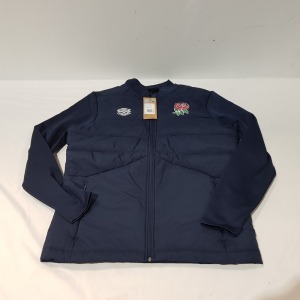 5 X BRAND NEW MIXED THERMAL JACKET'S LOT CONTAINING 1 ENGLAND JACKET IN NAVY BLUE SIZE LARGE , AND 4 CASTORE JACKETS IN NAVY BLUE SIZE 4XL , IN ONE TRAY (TRAY NOT INCLUDED )