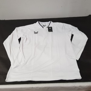 25 X BRAND NEW CASTORE LONG SLEEVE POLO IN WHITE / BLACK IN MIXED SIZES XL , L , 4XL ,3XL , XS IN ONE TRAY (TRAY NOT INCLUDED)