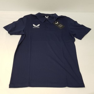 25 X BRAND NEW CASTORE SHORT SLEEVE COTTON /POLY POLO TOP IN NAVY BLUE IN MIXED SIZES XS , S , XL , AND 5XL