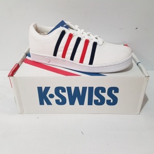 12 X BRAND NEW K.SWISS MEMORY FOAM TRAINERS IN MIXED SIZES UK 9/H AND UK 8, IN WHITE/MIXED