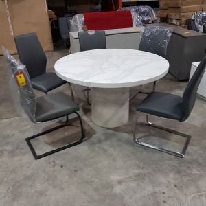 1 X CIRCULAR GRANITE TOP TABLE WITH 6 GREY CHAIRS 1 CHAIR SLIGHT DIFFERENCE SEE PICTURE- SIZE DIAM - 130CM