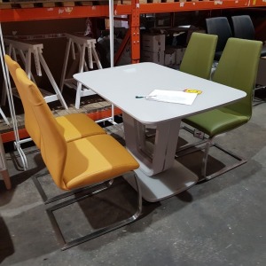 1 X LAZZARO EXTENDABLE DINNING TABLE IN LIGHT GREY SIZE 1200MM X 1600MM - WITH 4 CHAIRS IN MUSTARD AND GREEN