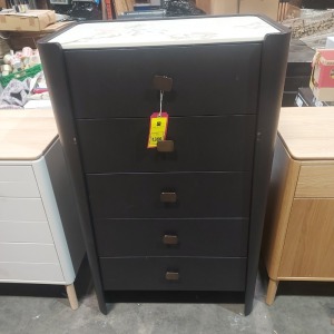 1 X 5 DRAWER CHEST/ TALL BOY IN DARK WALNUT WITH GRANITE TOP SIZE L 72 , D 45 , H 120CM ( NOTE CUSTOMER RETURNS ALREADY BUILT )