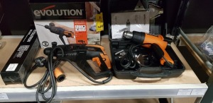 3 PIECE MIXED EVOLUTION LOT CONTAINING 1 X EVOLUTION ( MCC390 ) MAGNETIC HIP COLLECTOR 1 X EVOLUTION SDS4-800 4 FUNCTION HAMMER DRILL 1 X EVOLUTION (HDG200 ) HEAT GUN WITH VARIOUS HEAD ATTACHMENTS