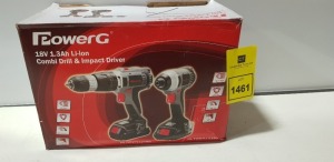 6 X POWERG 18 V - 1.3 AH LI-ION COMBI DRILL AND IMPACT DRIVER SET - INCLUDES BATTERY AND CHARGERS (NOTE: THIS IS AGED STOCK AND THEREFORE THE INTEGRITY OF THE BATTERIES CANNOT BE GUARANTEED - SOLD ON THIS BASIS).