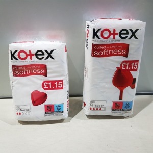 168 PACKS OF 14 BRAND NEW KOTEX QUILTED SOFTNESS MAXI NORMAL / MAXI SUPER WOMANS PADS - IN 14 BOXES