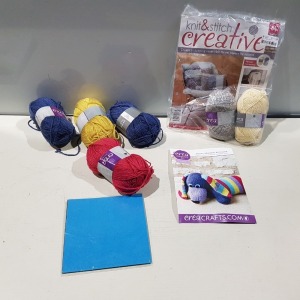 375 X BRAND NEW PACKS OF 2 KNIT AND STITCH CREATIVE - 2 X 50 GRAM BALLS OF YARN WOOL - IN VARIOUS COLOURS - IN 5 BOXES 15 X BRAND NEW CREAT KNITTING DOG KIT MAE A JOLLY SAUSAGE DOG KITS