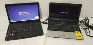 2 X LAPTOPS LOT CONTAINING 1 COMPASQ CQ60 - 250GB HDD - NO O/S WITH CHARGER - 1 KEY MISSING F5 AND 1 TOSHIBA C660D LAPTOP 250GB HDD - NO O/S WITH CHARGER