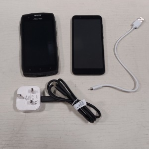 2 X PHONES LOT CONTAINING 1 ARCHOS SENSE 50 X RUGGED SMARTPHONE - 32GB STORAGE - SUBMERSIBLE 1P68 WITH CHARGER AND 1 ALCATEL SMART PHONE MODEL NUMBER 5059Y