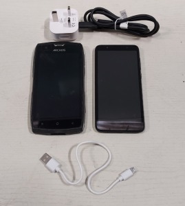 2 X PHONES LOT CONTAINING 1 ARCHOS SENSE 50 X RUGGED SMARTPHONE - 32GB STORAGE - SUBMERSIBLE 1P68 WITH CHARGER AND 1 ALCATEL SMART PHONE MODEL NUMBER 5059Y