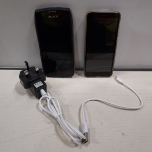 2 X PHONES LOT CONTAINING 1 ARCHOS SENSE 50 X RUGGED SMARTPHONE - 32GB STORAGE - SUBMERSIBLE 1P68 WITH CHARGER AND 1 ALCATEL SMART PHONE MODEL NUMBER 5059Y