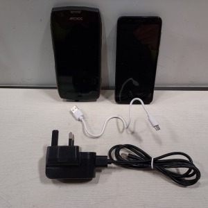 2 X PHONES LOT CONTAINING 1 ARCHOS SENSE 50 X RUGGED SMARTPHONE - 32GB STORAGE - SUBMERSIBLE 1P68 WITH CHARGER AND 1 ALCATEL SMART PHONE MODEL NUMBER 5059Y