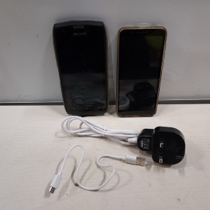 2 X PHONES LOT CONTAINING 1 ARCHOS SENSE 50 X RUGGED SMARTPHONE - 32GB STORAGE - SUBMERSIBLE 1P68 WITH CHARGER AND 1 ALCATEL SMART PHONE MODEL NUMBER 5059Y