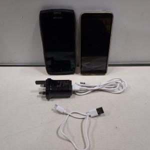 2 X PHONES LOT CONTAINING 1 ARCHOS SENSE 50 X RUGGED SMARTPHONE - 32GB STORAGE - SUBMERSIBLE 1P68 WITH CHARGER AND 1 ALCATEL SMART PHONE MODEL NUMBER 5059Y