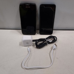 2 X PHONES LOT CONTAINING 1 ARCHOS SENSE 50 X RUGGED SMARTPHONE - 32GB STORAGE - SUBMERSIBLE 1P68 WITH CHARGER AND 1 ALCATEL SMART SMART PHONE MODEL NUMBER 5059Y