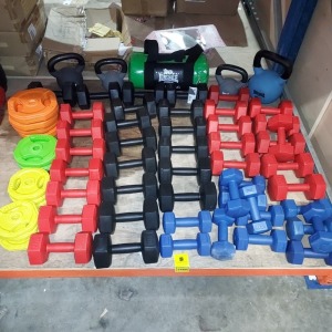 60 + BRAND NEW MIXED WEIGHT LOT CONTAINING LONSDALE LONDON 20KG KETTLE BELL WEIGHT, VARIOUS EVERLAST DUMBBELLS IN SIZE 1KG, 2K5, 3KG, LONSDALE 5KG CORE BAG, ETC ON HALF A BAY