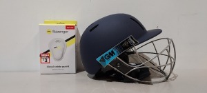 203 MIXED LOT CONTAINING 200 X SLAZ ABDO GUARD 09 IN WHITE AND IN SIZE SMALL BOYS AND 3 CRICKET HELMET & FACEGUARDS