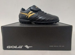 23 X BRAND NEW GOLA KIDS FOOTBALL SHOES IN SIZE 10 IN BLACK/ GOLD IN 2 BOXES AND 3 LOOSE