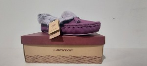 38 X BRAND NEW DULOT WOMENS SLIPPERS IN PURPLE STYLE NAME MADDISON IN SIZES SMALL, MEDIUM, LARGE IN 3 BOXES AND 8 LOOSE