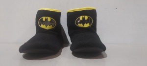 96 X BRAND NEW BATMAN MENS BOOT SLIPPERS IN MIXED SIZES 7, 8, 9, 10 , 11, 12 IN THE COLOUR BLACK IN 8 BOXES