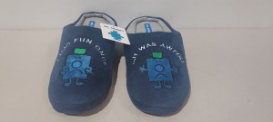 36 X BRAND NEW MR GRUMPY MENS SLIPPERS IN SIZE 10 IN NAVY BLUE IN 3 BOXES