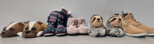 38 X BRAND NEW MIXED SLIPPERS LOT CONTAINING DUNLOP WORKER BOOT SLIPPERS, PINK, SLOTH IN VARIOUS SIZES XL - 12 UK, MEDIUM 12 - 13 UK, LARGE 7 - 8, SMALL 3 - 4 UK ALL ON HALF A BAY.