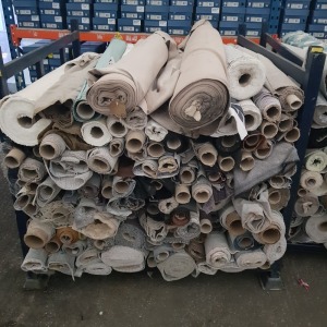 APPROX 120 ROLLS OF VARIOUS OFFCUT FABRICS - IN 1 STILLAGE ( NOT INCLUDED ) IN VARIOUS SYLES COLOURS AND LENGTHS