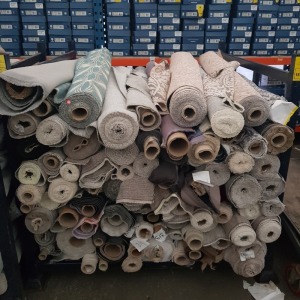 APPROX 120 ROLLS OF VARIOUS OFFCUT FABRICS - IN 1 STILLAGE ( NOT INCLUDED ) IN VARIOUS STYLES COLOURS AND LENGTHS