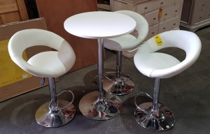 1 X ADJUSTABLE HEIGHT ROUND TABLE WITH 3 X ADJUSTABLE HEIGHT CREAM COLOURED FAUX LEATHER BAR STOOLS 60 CM DIAM