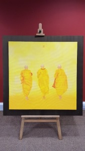 NGUYEN MINH PHUOC (1943) OIL PAINTING ON BOX CANVAS BACK MOUNTED PEACEFUL MOMENT - 3 BUDDHIST MONKS WALKING AWAY ON A JOURNEY PRINTED SESL SIGNATURE IN THE MIDDLE TOP 39 3/4 X 39 3/4 INCH (100 X 100CM)