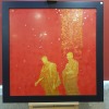 21ST CENTURY ORIENTAL SCHOOL MIXED MEDIA ON PANEL TWO BUDDHISTIC FIGURES IN YELLOW ON A RED BACKGROUND, GOLD HIGHLIGHTS SEAL SIGNATURE TOP LEFT 38 3/4 X 38 3/4 INCH (98.5 X 98.5CM) (AUTHENTICATED BY AN INDEPENDENT ART VALUER)