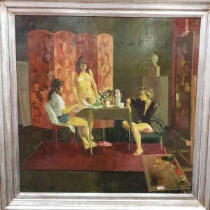 REG ELDRIDGE (1919 - 2016) OIL PAINTING ON BOARD THREE MODELS AWAITING SIGNED, TIKTED AND DATED 1984 VERSO 34 3/4 X 34 3/4 INCH (88 X 88CM)