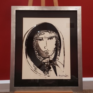 ANDZAIK (SIGNATURE) MONOCHROME BLACK ON WHITE WATERCOLOUR HEAD OF A WOMEN SIGNED LOWER RIGHT 25 X 19 1/4 INCH