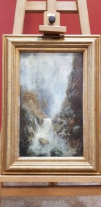 MANNER OF GEORGE FREDERICK REYNOLD OIL PAINTING ON BOARD WATERFALL SIGNED INDISTINCTLY 19 1/2 X 11 3/4 INCH (49 X 30 CM) (AUTHENTICATED BY AN INDEPENDENT ART VALUER)