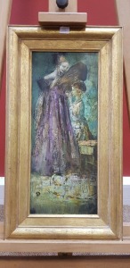 UNATTRIBUTED OIL PAINTING ON BOARD TEMPTATION SIGNED INDISTINCTLY AND TITLED VERSO 17 X 7 INCH (43 X 18 CM)