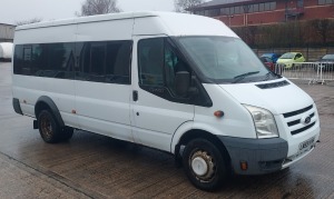 WHITE FORD TRANSIT 100 T430 17S RWD DIESEL MINIBUS 2402CC FIRST REGISTERED 18/1/2010 REG: LM59KYH MILEAGE : 174,315 1 KEY NO V5 MOT UNTIL 23/1/2025 16 SEAT MINIBUS ALL WITH SEAT BELTS FITTED WITH TACHO, HAS TOW BAR & ELECTRICS NO VAT HAS PASSED COIF BUT N