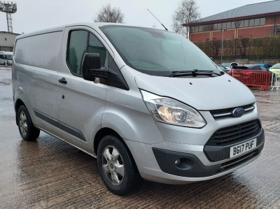 SILVER FORD TRANSIT CUSTOM 270 TREND, REG NO: BG17 PUF, MILEAGE: 102,470 NOW WITH V5 ENGINE SIZE: 1995CC, FIRST REGISTERED: 30/03/2017, 3 SEATER CAB, AIR CONDITIONING, MOT UNTIL 28/05/2025, WITH 1 KEY.