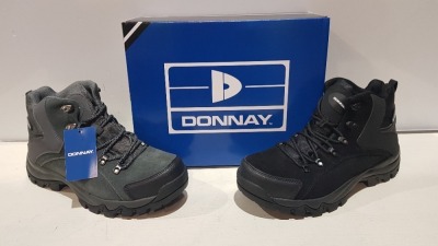 15 X BRAND NEW DONNAY SUEDE HI SN99 BOOTS IN MIXED COLOURS 10 IN BLACK AND 5 IN GREY / BLACK ALL IN SIZE UK 9.5 IN 3 BOXES (PLEASE NOTE - ALTHOUGH MOST BOXES ARE FACTORY SEALED WE HAVE IDENTIFIED SOME MINOR MANUFACTURING IMPERFECTIONS ON EXAMINATION - SE