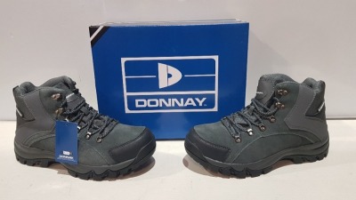 20 X BRAND NEW DONNAY SUEDE HI SN99 BOOTS IN GREY/BLACK ALL IN SIZE UK 9 IN 4 BOXES (PLEASE NOTE - ALTHOUGH MOST BOXES ARE FACTORY SEALED WE HAVE IDENTIFIED SOME MINOR MANUFACTURING IMPERFECTIONS ON EXAMINATION - SEE SUPPLEMENTARY IMAGE & BID ACCORDINGLY)