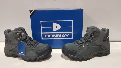 20 X BRAND NEW DONNAY SUEDE HI SN99 BOOTS IN GREY/BLACK ALL IN SIZE UK 9 IN 4 BOXES (PLEASE NOTE - ALTHOUGH MOST BOXES ARE FACTORY SEALED WE HAVE IDENTIFIED SOME MINOR MANUFACTURING IMPERFECTIONS ON EXAMINATION - SEE SUPPLEMENTARY IMAGE & BID ACCORDINGLY)