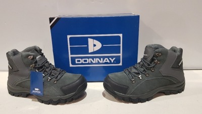 20 X BRAND NEW DONNAY SUEDE HI SN99 BOOTS IN GREY/BLACK ALL IN SIZE UK 9 IN 4 BOXES (PLEASE NOTE - ALTHOUGH MOST BOXES ARE FACTORY SEALED WE HAVE IDENTIFIED SOME MINOR MANUFACTURING IMPERFECTIONS ON EXAMINATION - SEE SUPPLEMENTARY IMAGE & BID ACCORDINGLY)