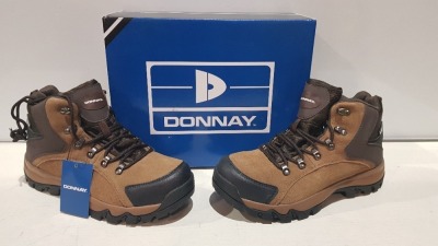 20 X BRAND NEW DONNAY SUEDE HI SN99 BOOTS IN BROWN/BLACK ALL IN SIZE UK 9 IN 4 BOXES (PLEASE NOTE - ALTHOUGH MOST BOXES ARE FACTORY SEALED WE HAVE IDENTIFIED SOME MINOR MANUFACTURING IMPERFECTIONS ON EXAMINATION - SEE SUPPLEMENTARY IMAGE & BID ACCORDINGLY