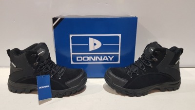 20 X BRAND NEW DONNAY SUEDE HI SN99 BOOTS IN BLACK ALL IN SIZE UK 9 IN 4 BOXES (PLEASE NOTE - ALTHOUGH MOST BOXES ARE FACTORY SEALED WE HAVE IDENTIFIED SOME MINOR MANUFACTURING IMPERFECTIONS ON EXAMINATION - SEE SUPPLEMENTARY IMAGE & BID ACCORDINGLY)