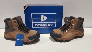 20 X BRAND NEW DONNAY SUEDE HI SN99 BOOTS IN BROWN/ BLACK ALL IN SIZE UK 8 IN 4 BOXES (PLEASE NOTE - ALTHOUGH MOST BOXES ARE FACTORY SEALED WE HAVE IDENTIFIED SOME MINOR MANUFACTURING IMPERFECTIONS ON EXAMINATION - SEE SUPPLEMENTARY IMAGE & BID ACCORDINGL